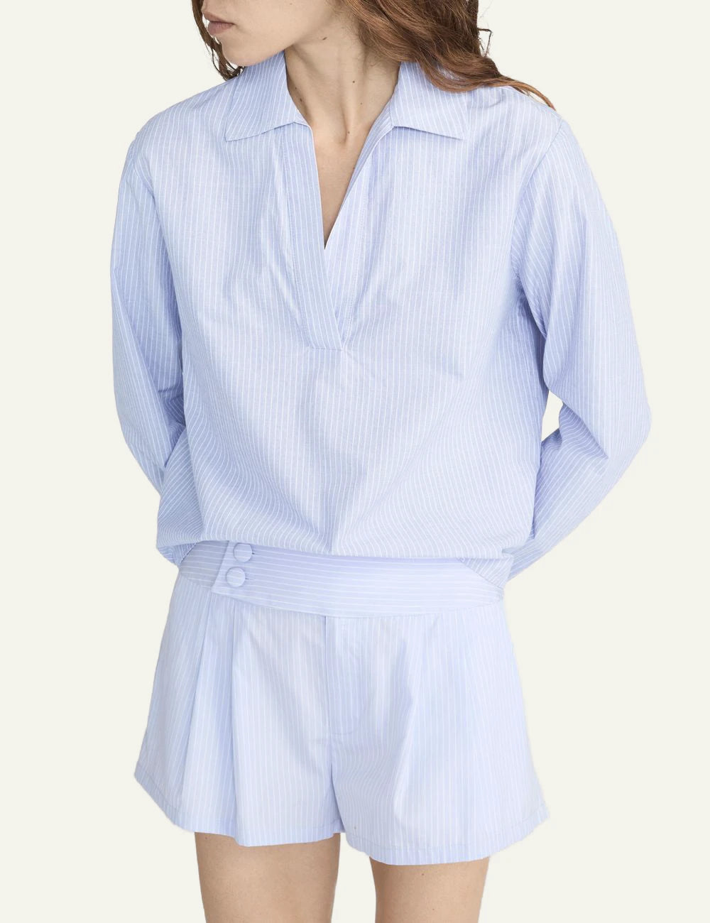 Frame striped popover top light blue cotton poplin relaxed fit long sleeve front model