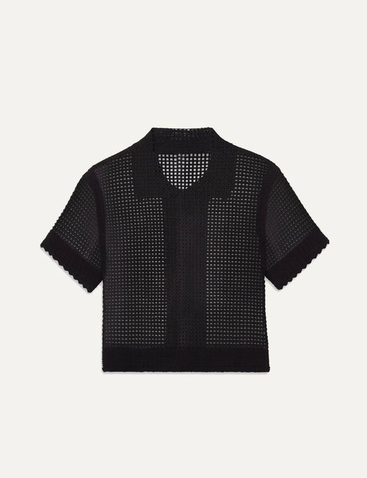 FRAME women's black open knit short sleeve polo top