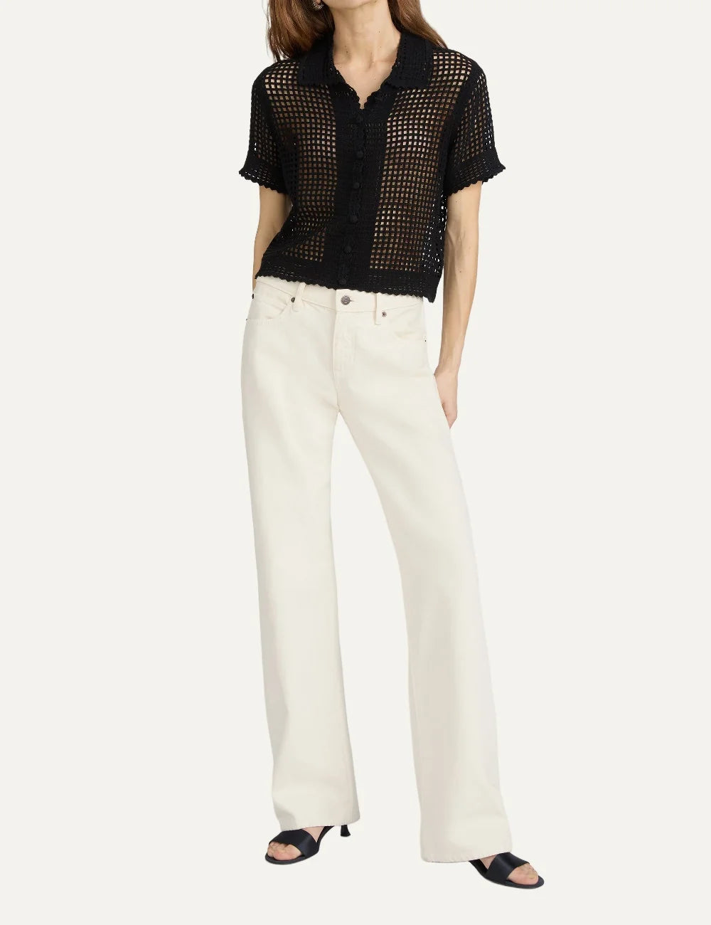 FRAME women's black open knit short sleeve polo top full body