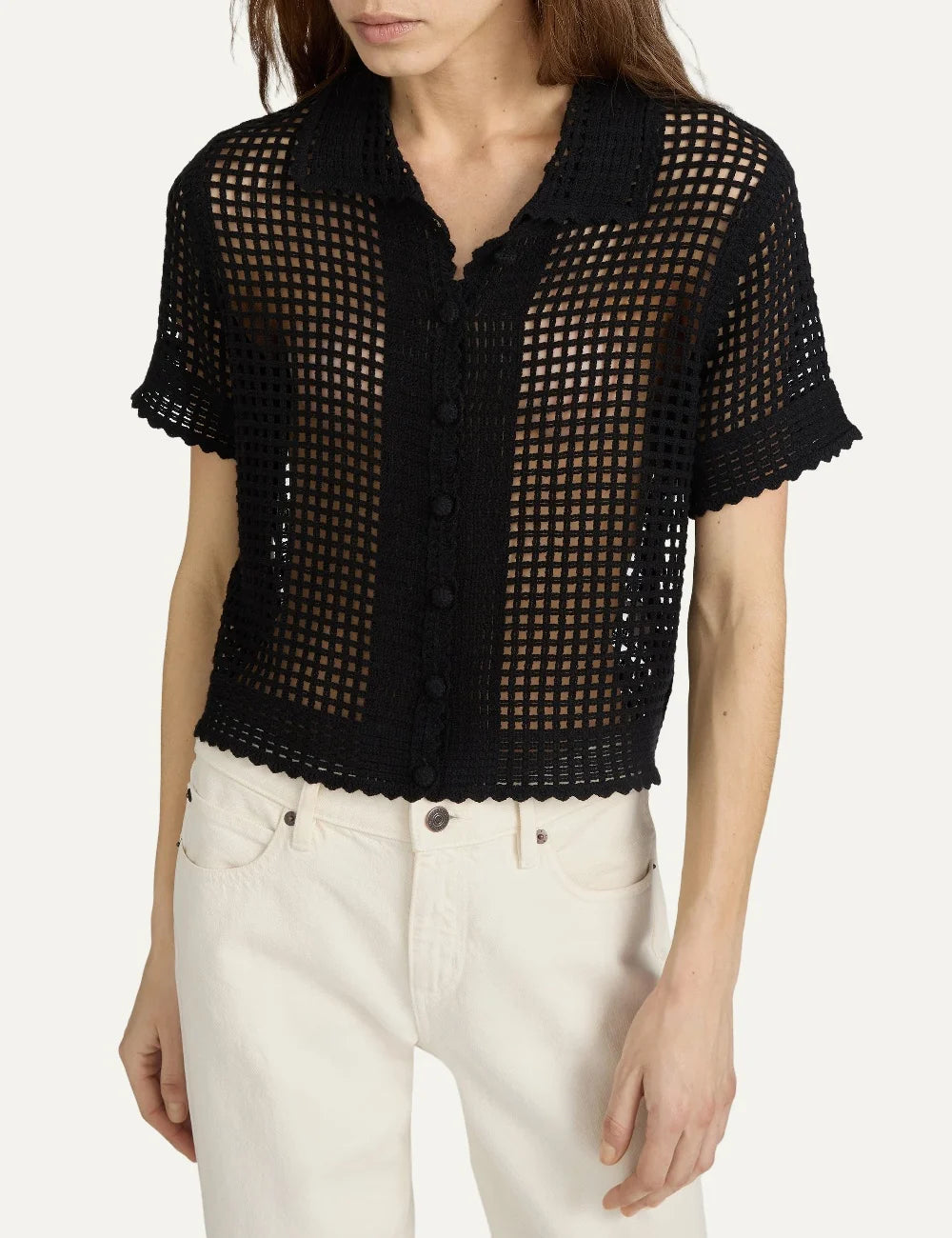 FRAME women's black open knit short sleeve polo top model