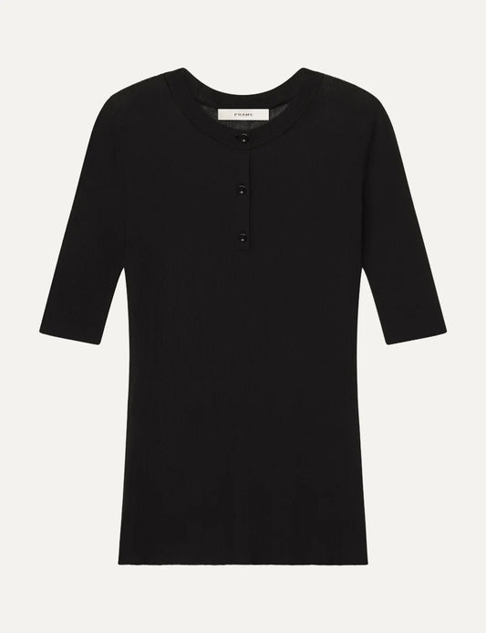 FRAME women's black rib knit short sleeve Henley top