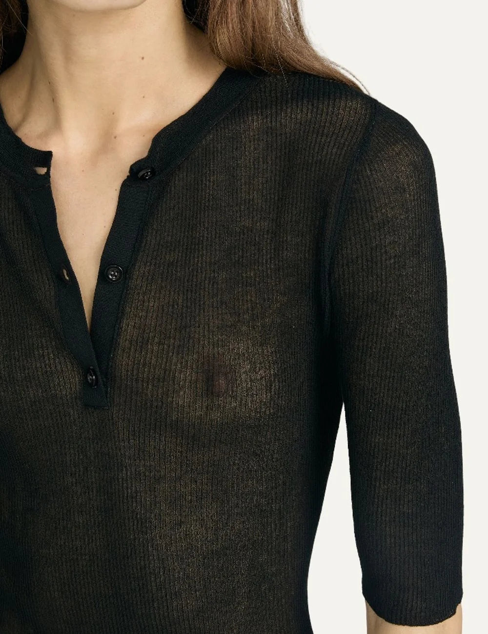 FRAME women's black rib knit short sleeve Henley top detail