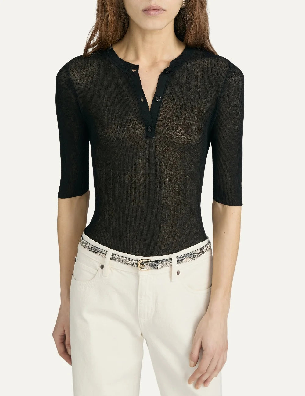 FRAME women's black rib knit short sleeve Henley top model