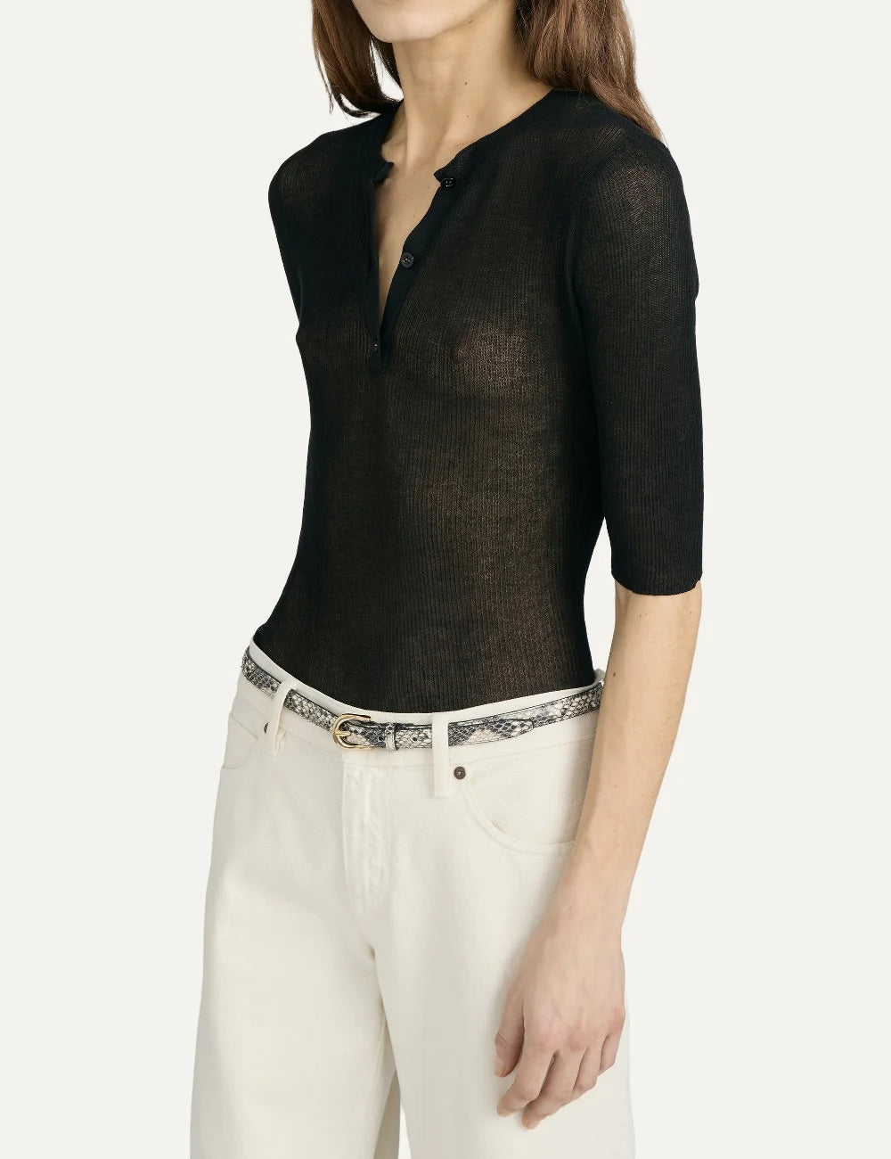 FRAME women's black rib knit short sleeve Henley top side