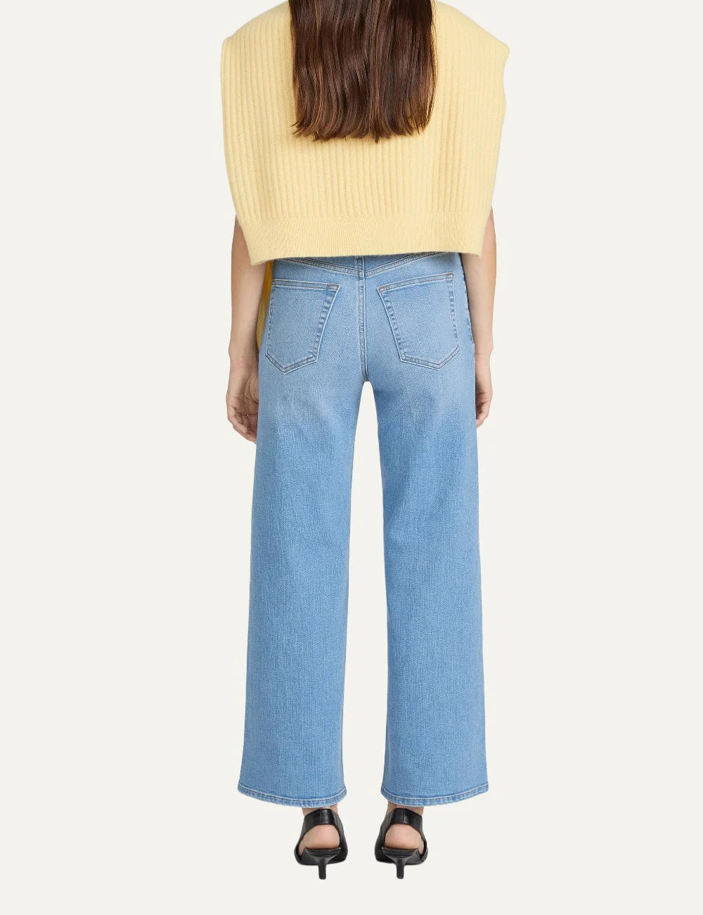 FRAME women's blue denim high rise wide leg flare jeans back