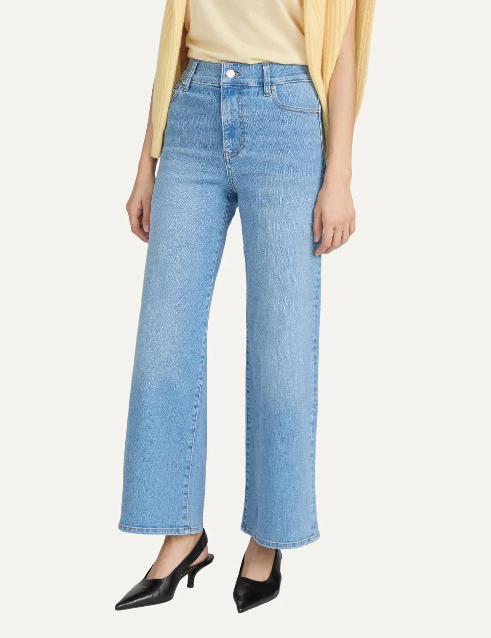 FRAME women's blue denim high rise wide leg flare jeans side