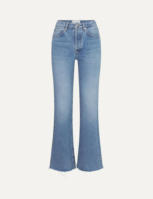 FRAME women's blue denim wide leg flare jeans with raw hem