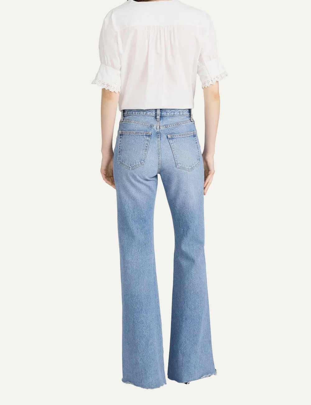 FRAME women's blue denim wide leg flare jeans with raw hem back
