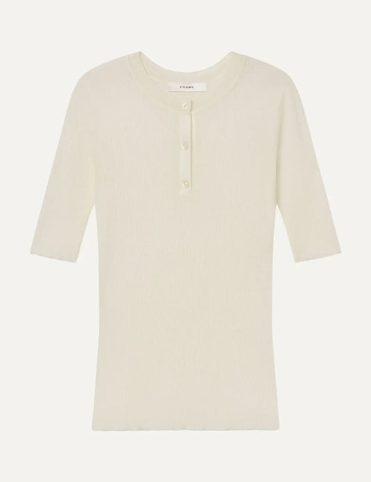 FRAME women's cream rib knit short sleeve Henley top