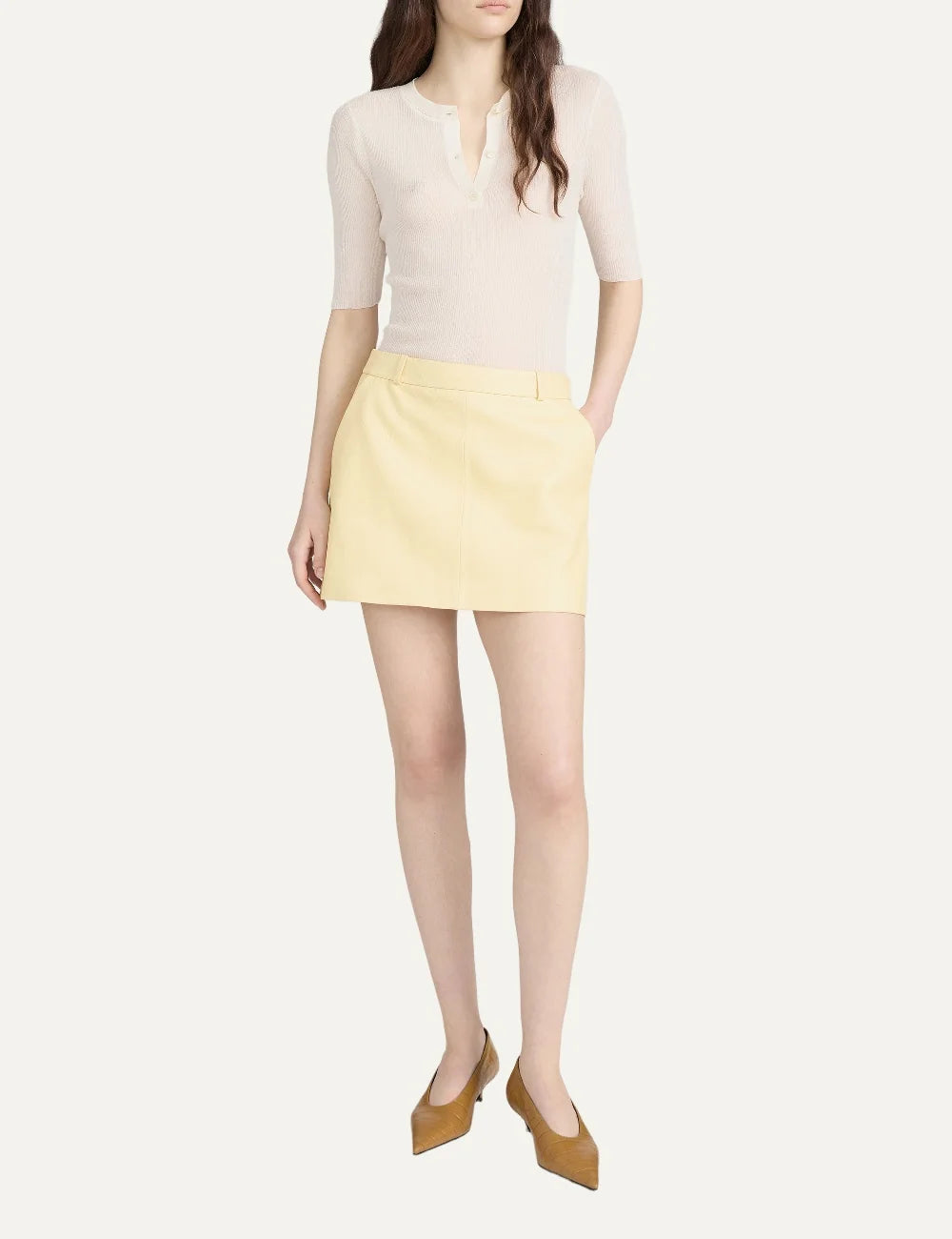 FRAME women's cream rib knit short sleeve Henley top full body