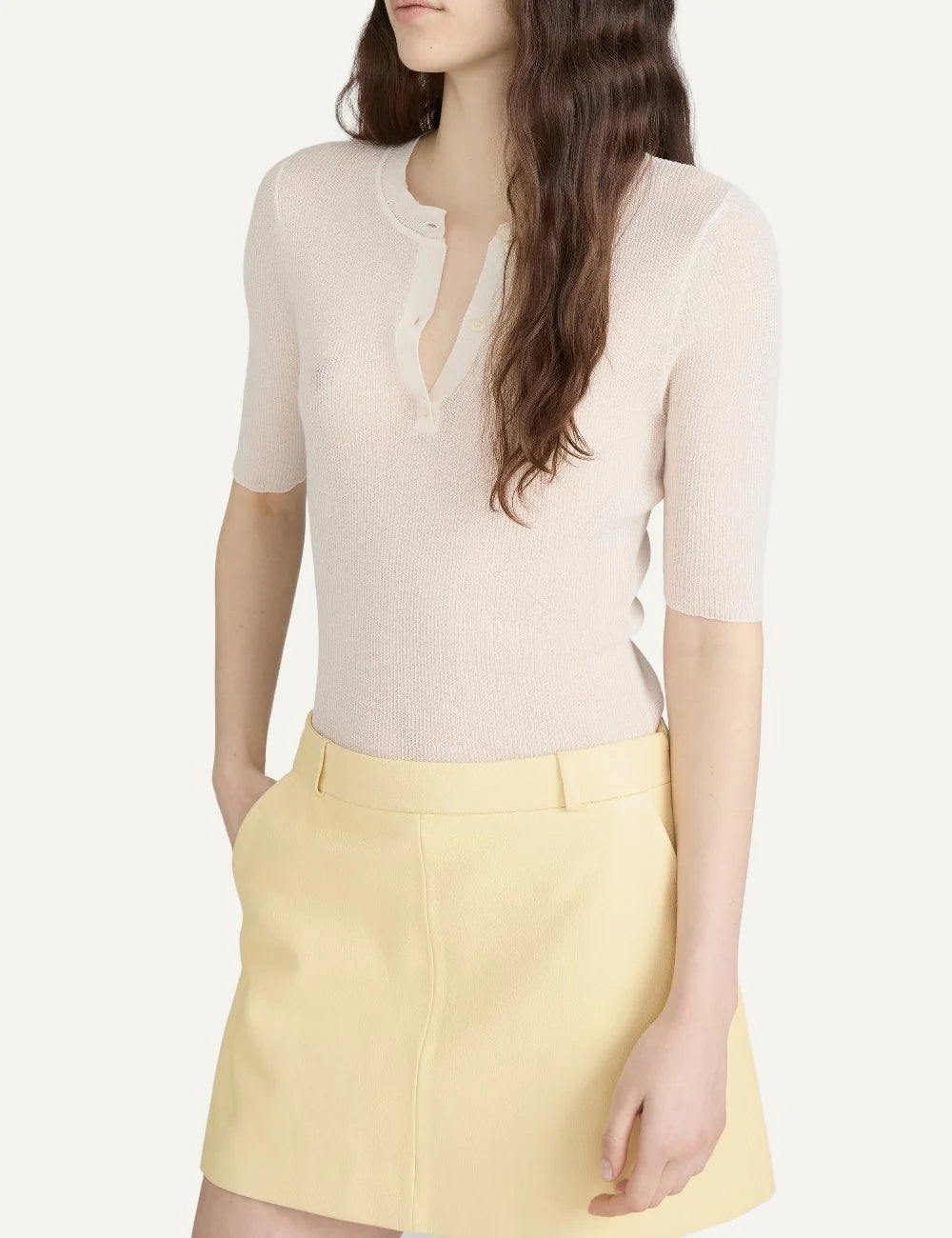 FRAME women's cream rib knit short sleeve Henley top side