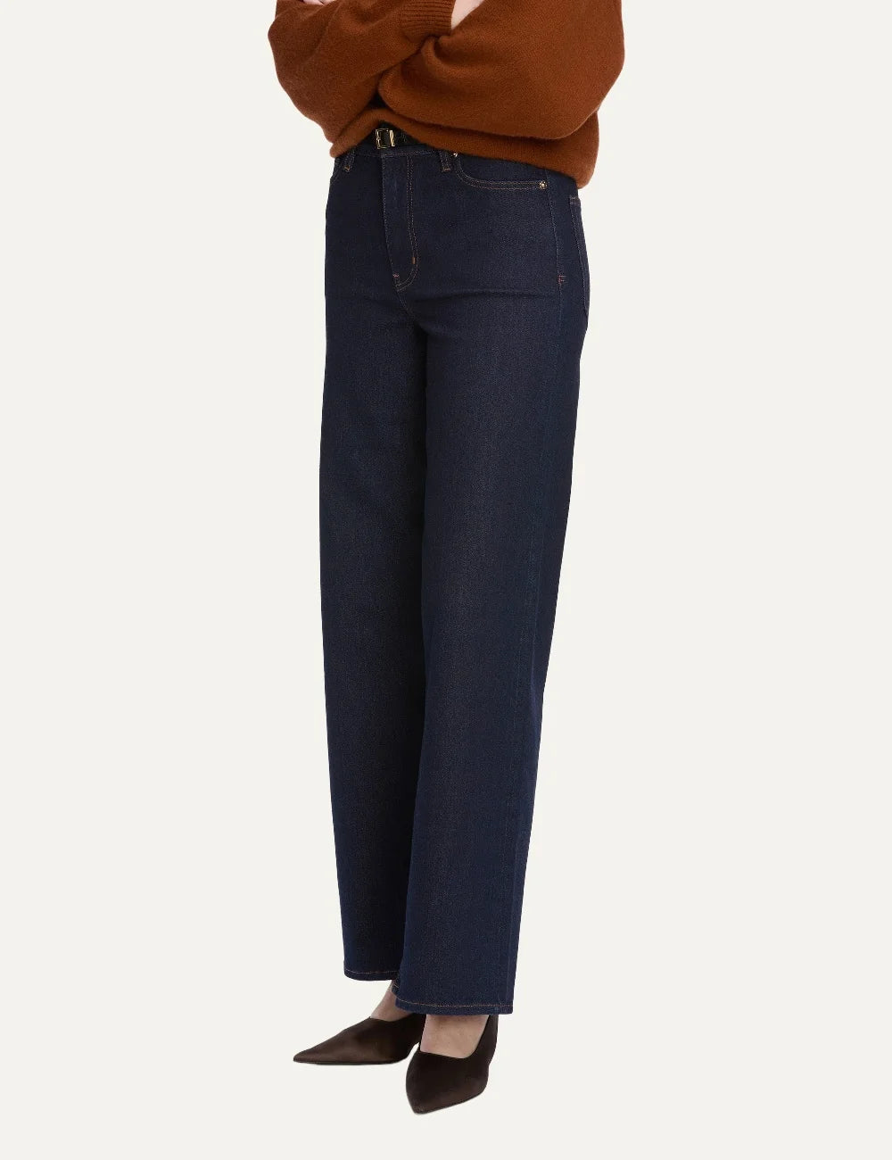 FRAME women's dark blue high-rise wide leg jeans side
