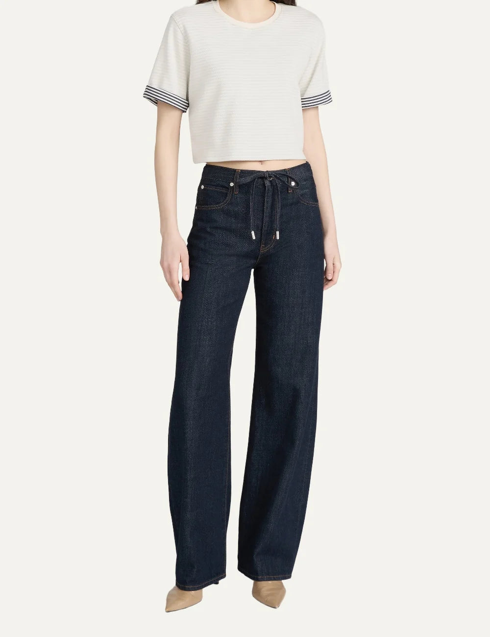 FRAME women's dark blue wide leg jeans with high waist and drawstring full body