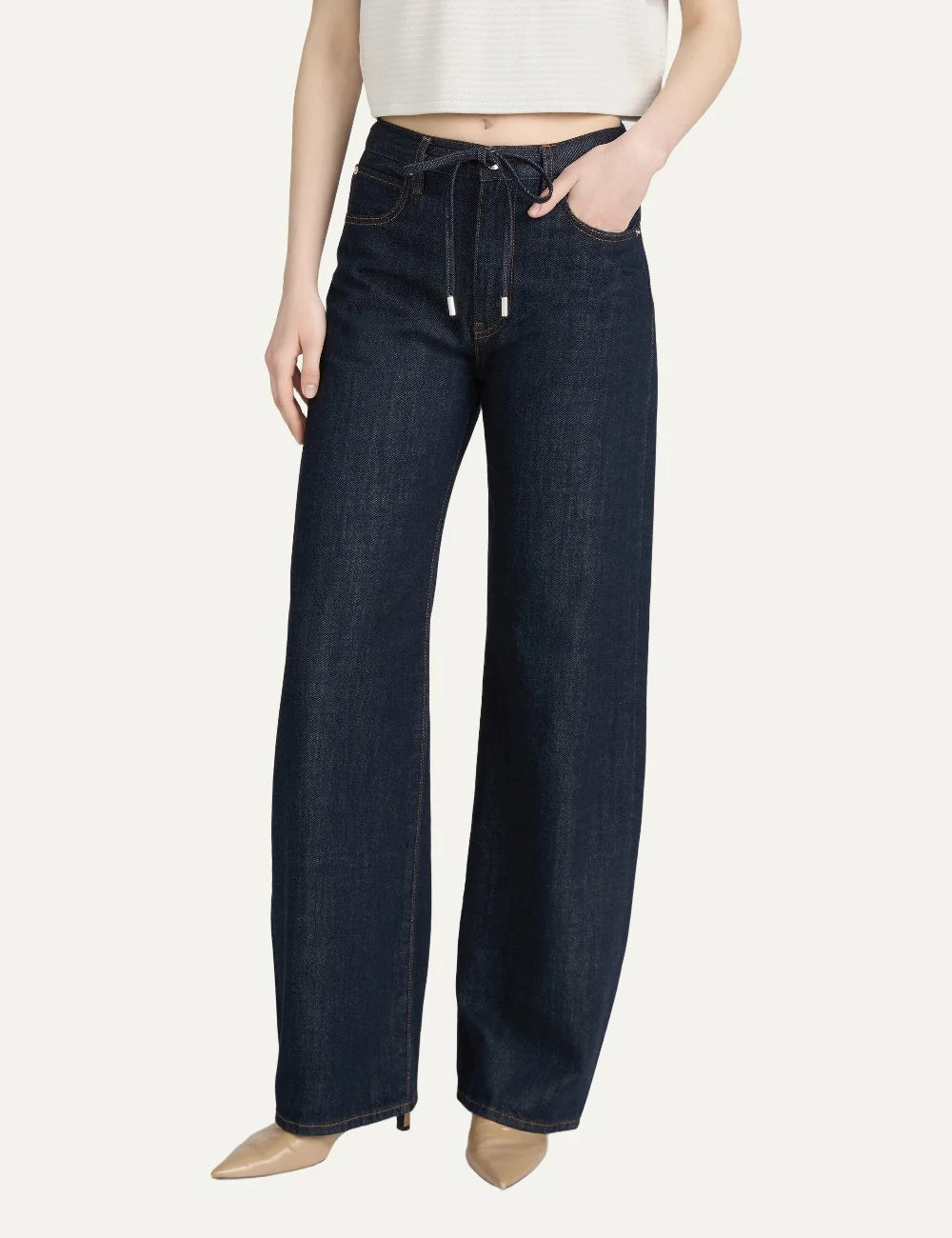 FRAME women's dark blue wide leg jeans with high waist and drawstring model