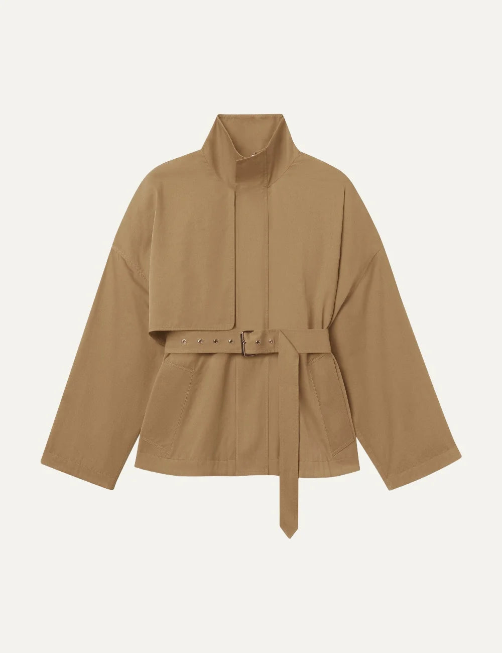 FRAME women's khaki short jacket with high collar and adjustable waist belt