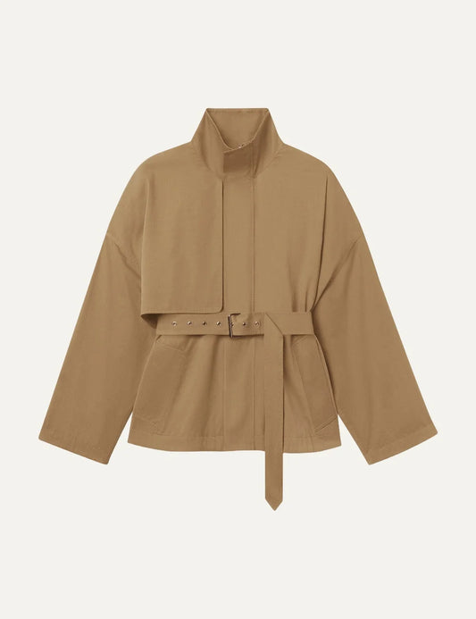FRAME women's khaki short jacket with high collar and adjustable waist belt