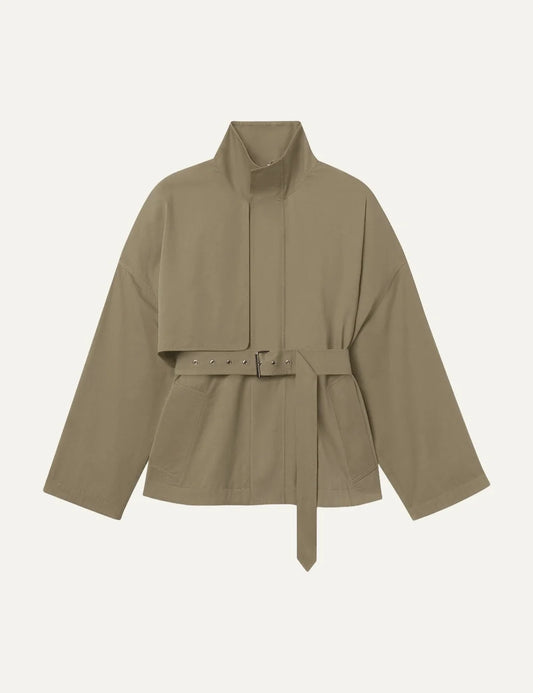 FRAME women's khaki short jacket with high collar and adjustable waist belt