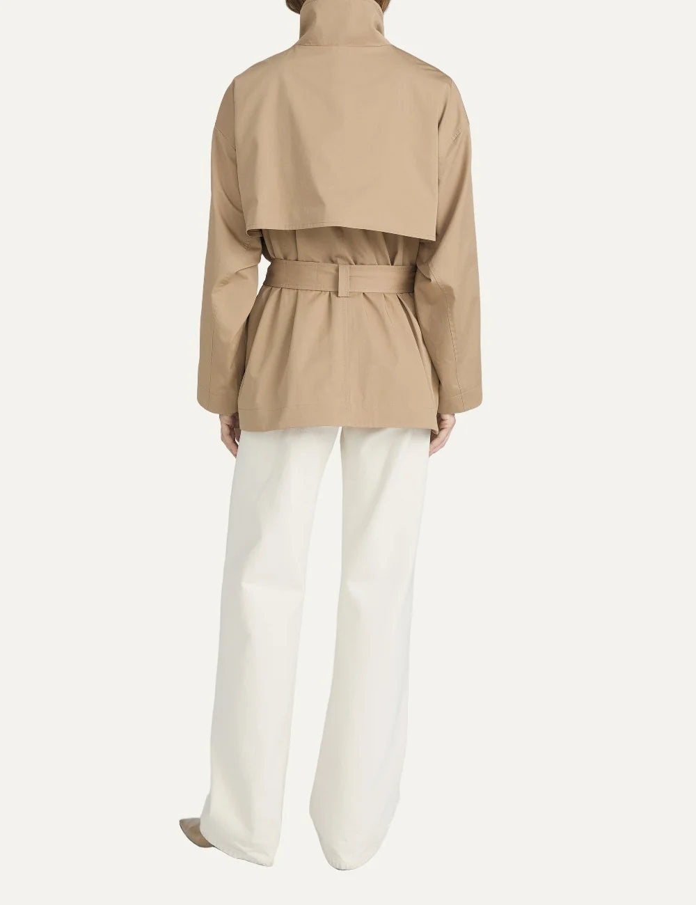 FRAME women's khaki short jacket with high collar and adjustable waist belt back