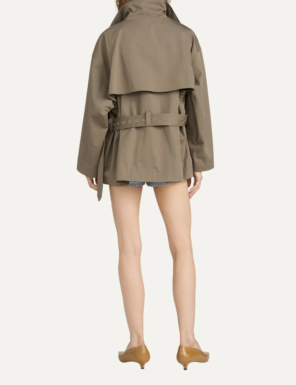 FRAME women's khaki short jacket with high collar and adjustable waist belt back