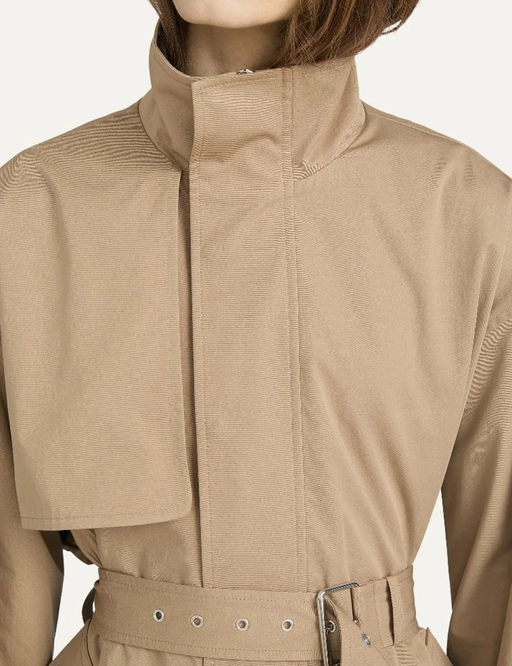 FRAME women's khaki short jacket with high collar and adjustable waist belt detail