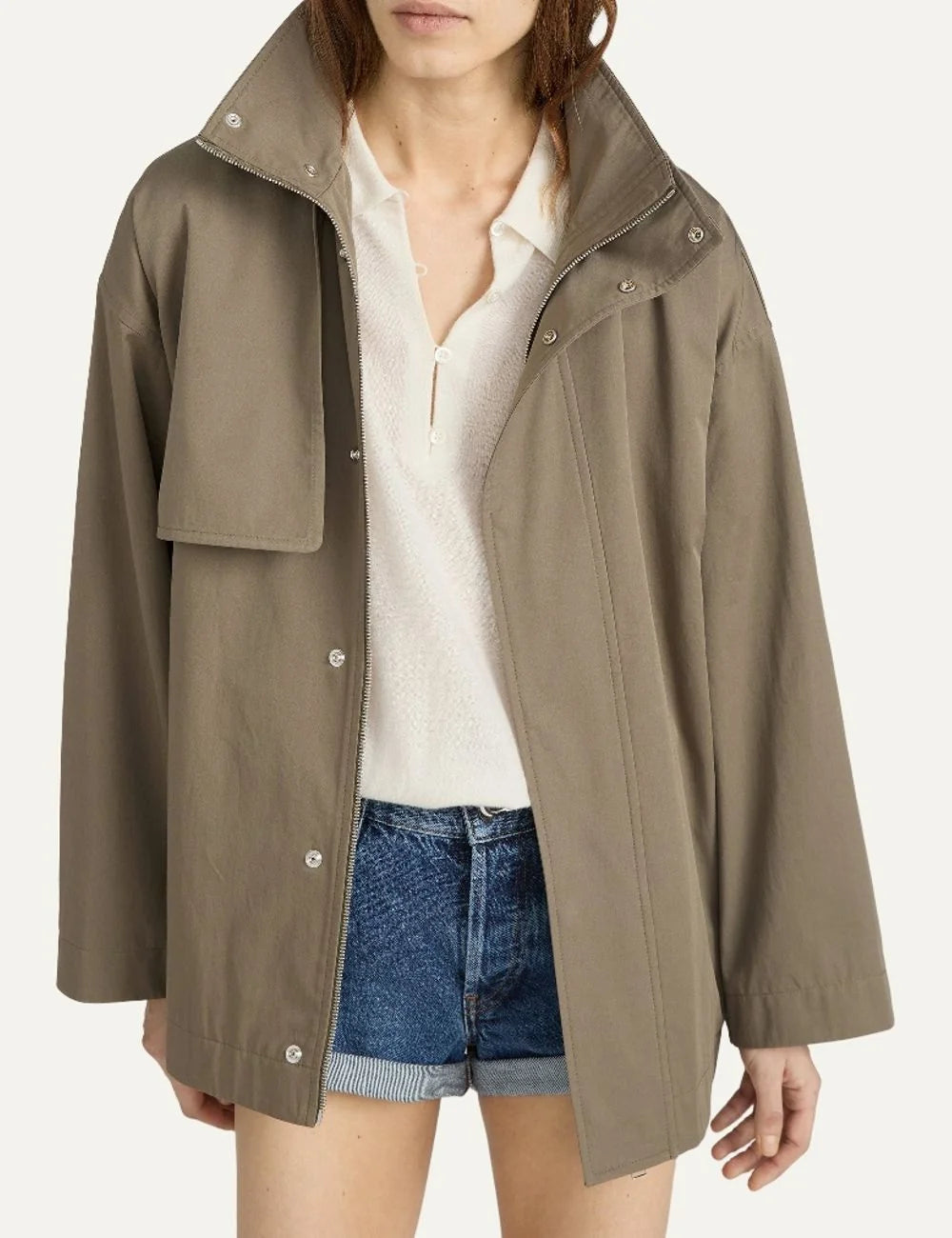 FRAME women's khaki short jacket with high collar and adjustable waist belt model