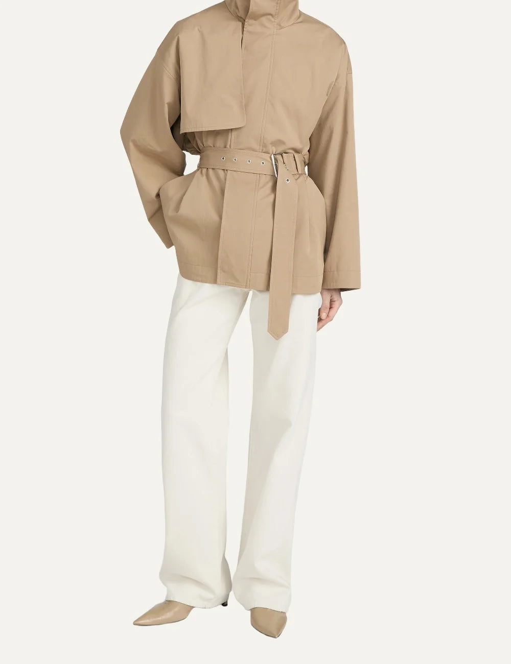 FRAME women's khaki short jacket with high collar and adjustable waist belt full body