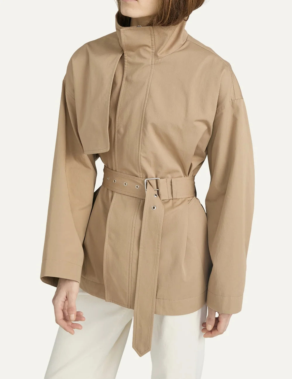 FRAME women's khaki short jacket with high collar and adjustable waist belt model