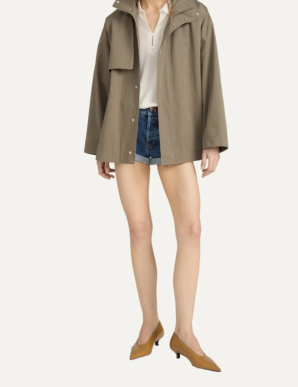 FRAME women's khaki short jacket with high collar and adjustable waist belt full body