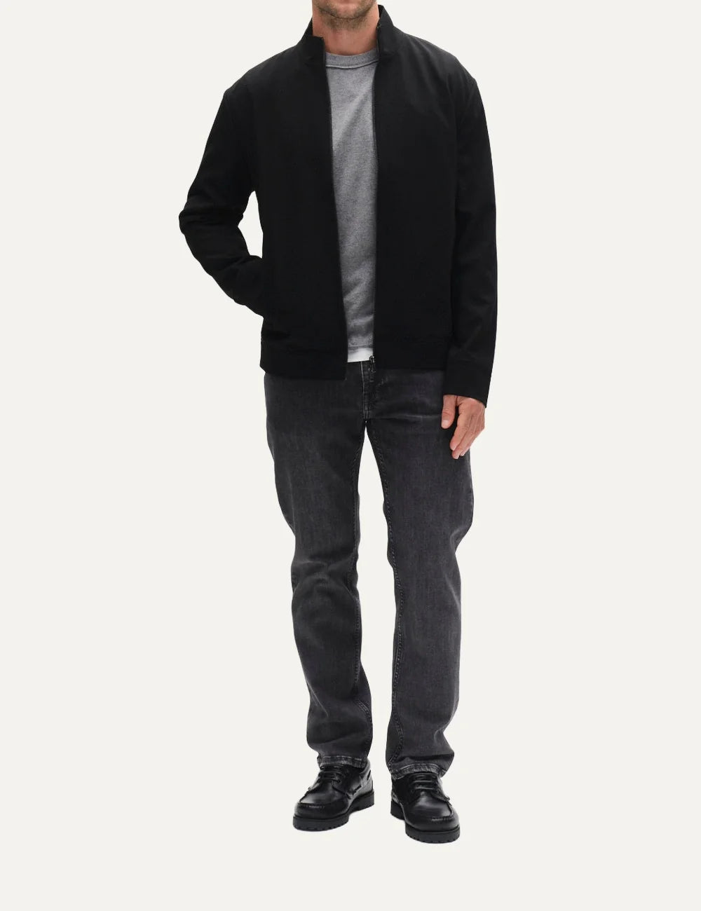 Gabba men's black zip-up jacket with a high stand collar, long sleeves and two front welt pockets front view