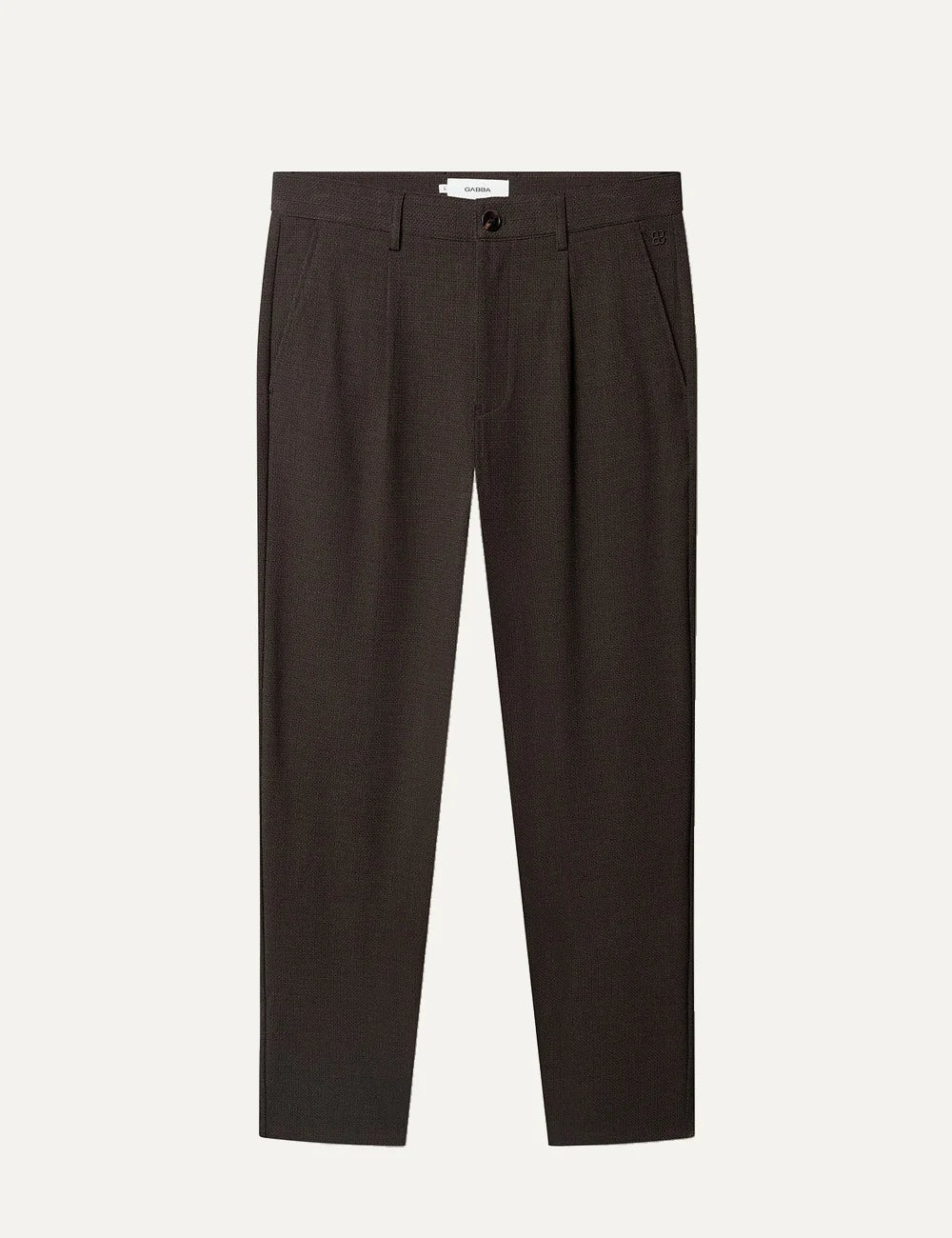 Gabba men's dark brown GABjoe tapered trousers with textured dobby fabric, front pleats and side pockets.