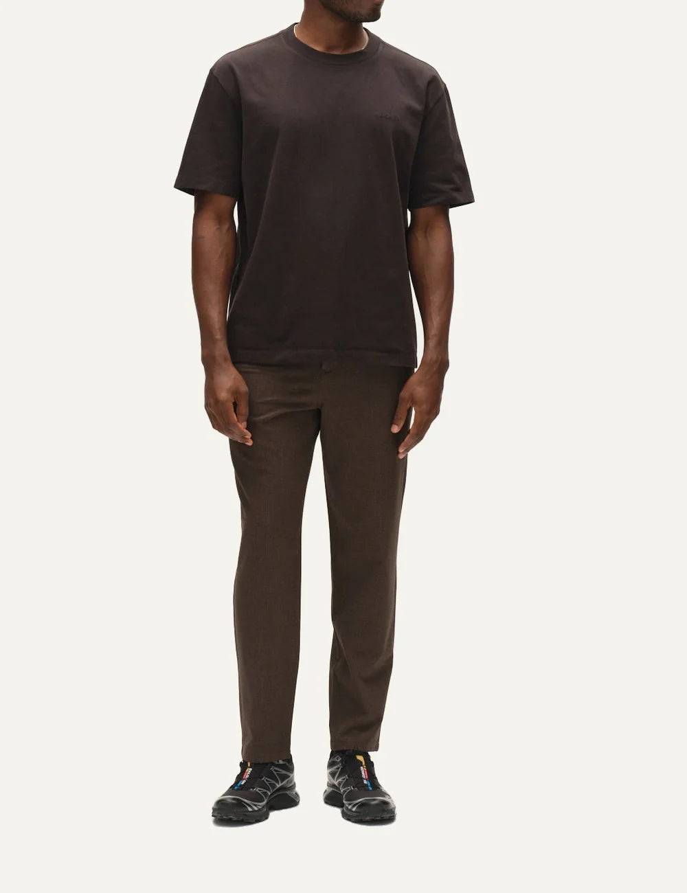 Gabba men's dark brown GABjoe tapered trousers with textured dobby fabric, front pleats and side pockets full body
