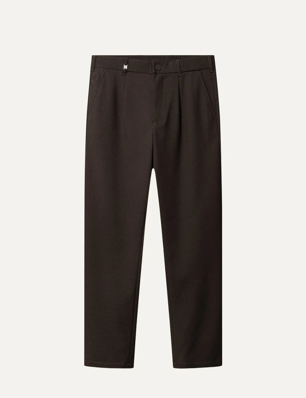 Gabba men's dark brown regular straight fit chino trousers with front pleats, angled side pockets and elasticated back waistband product shot