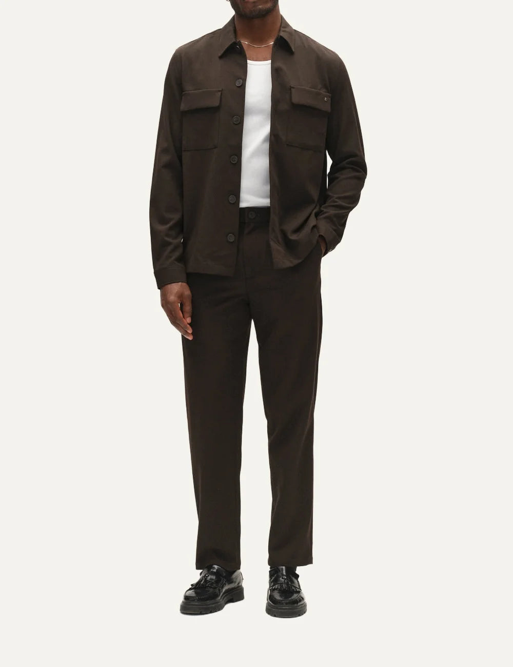 Gabba men's dark brown regular straight fit chino trousers with front pleats, angled side pockets and elasticated back waistband. front view