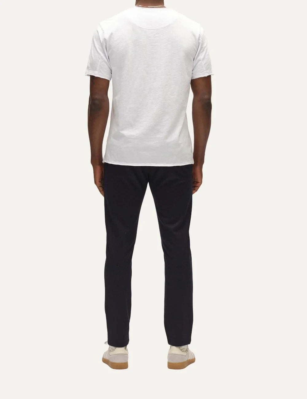 Gabba men's dark navy blue GABpaul slim fit chino trousers with subtle micro-pattern texture, button closure and slanted side pockets back view
