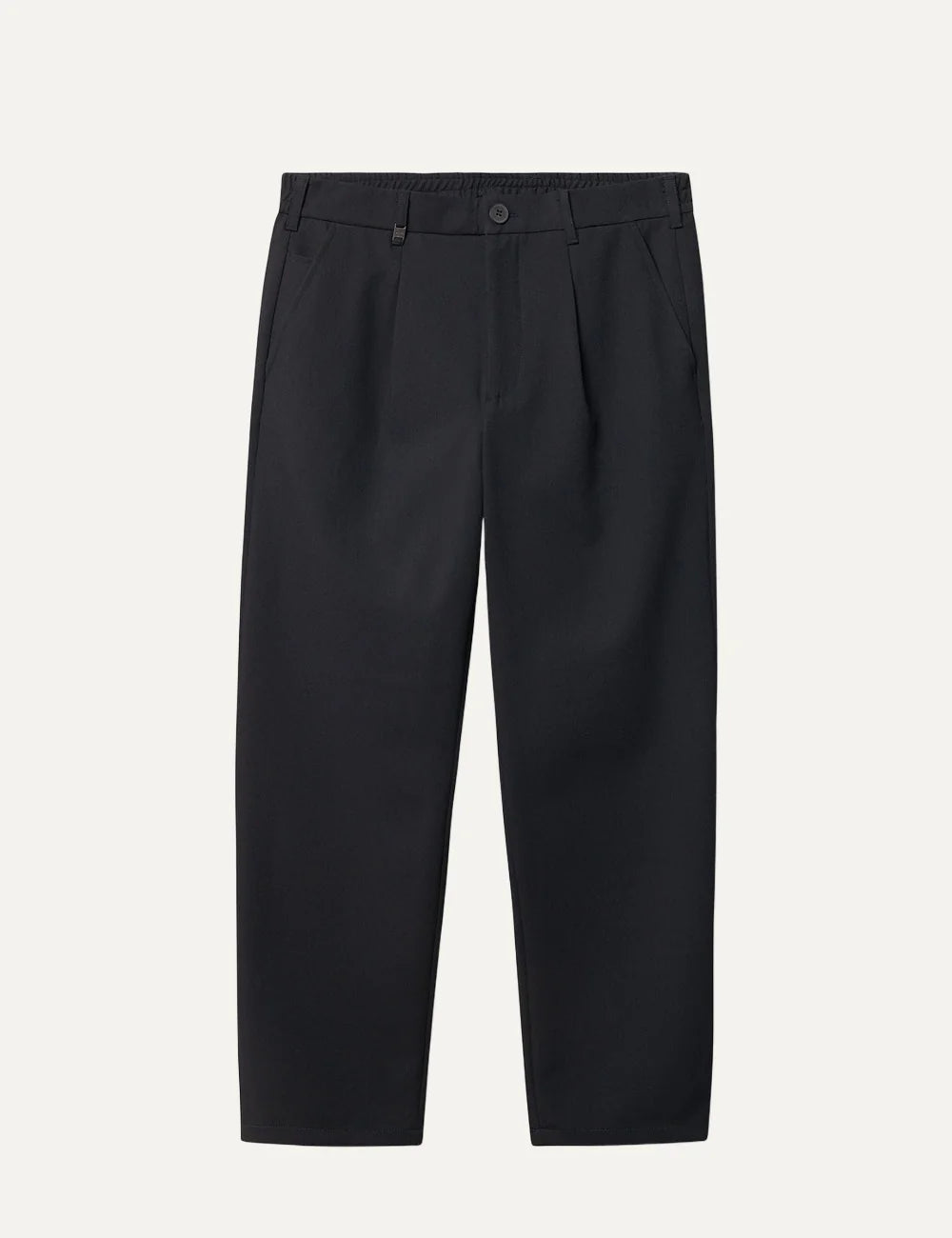 Gabba men's dark navy blue straight fit chino trousers with front pleats, angled side pockets and elasticated back waistband product shot