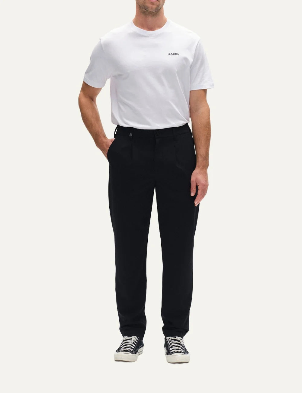 Gabba men's dark navy blue straight fit chino trousers with front pleats, angled side pockets and elasticated back waistband. front view