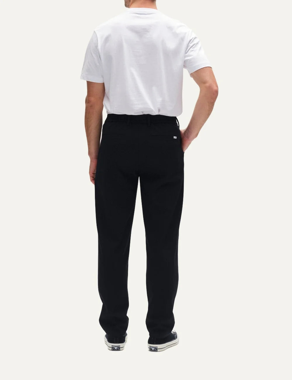 Gabba men's dark navy blue straight fit chino trousers with front pleats, angled side pockets and elasticated back waistband back view
