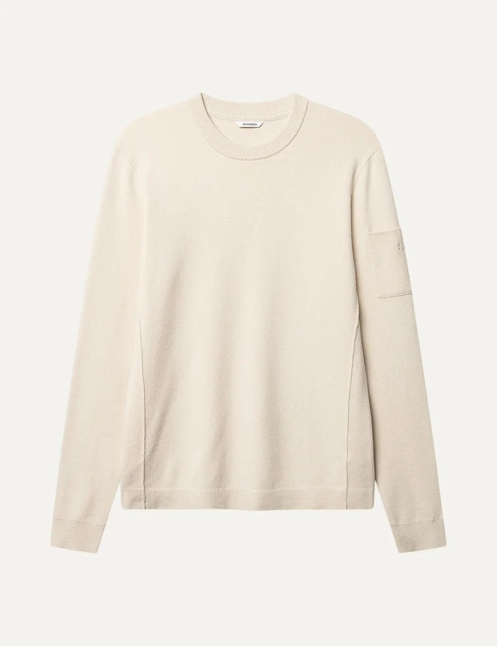Gabba men's ecru GABdriel crew neck knit sweater with long sleeves, ribbed trims and signature sleeve pocket front view