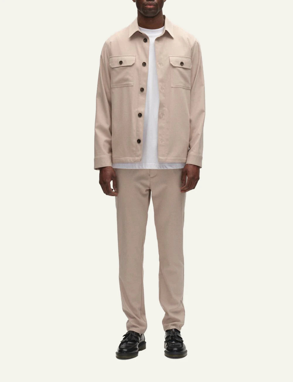 Gabba overshirt beige micro pattern button front chest pockets front full body view