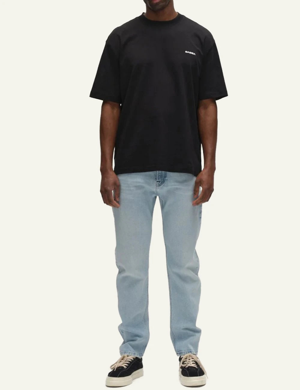 Gabba relaxed tapered jeans light blue bleached wash front full body view