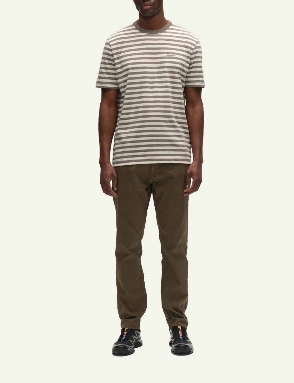 Gabba striped t-shirt grey off white logo chest front full body view