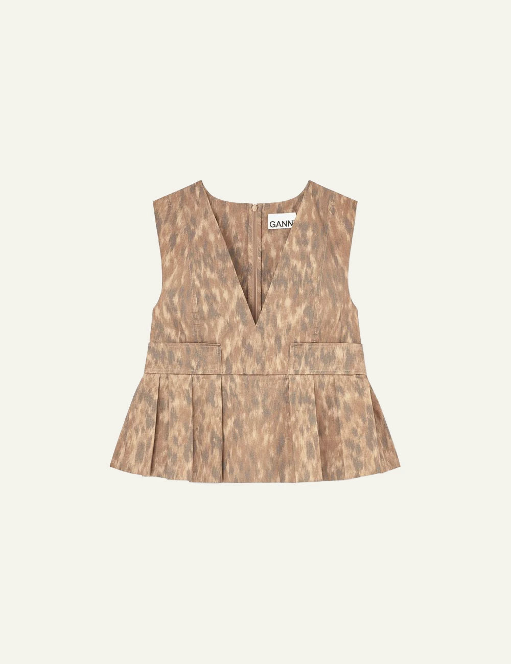 Ganni sleeveless top animal print with pleated hem front view