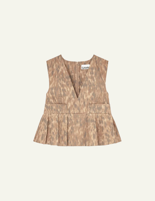 Ganni sleeveless top animal print with pleated hem front view