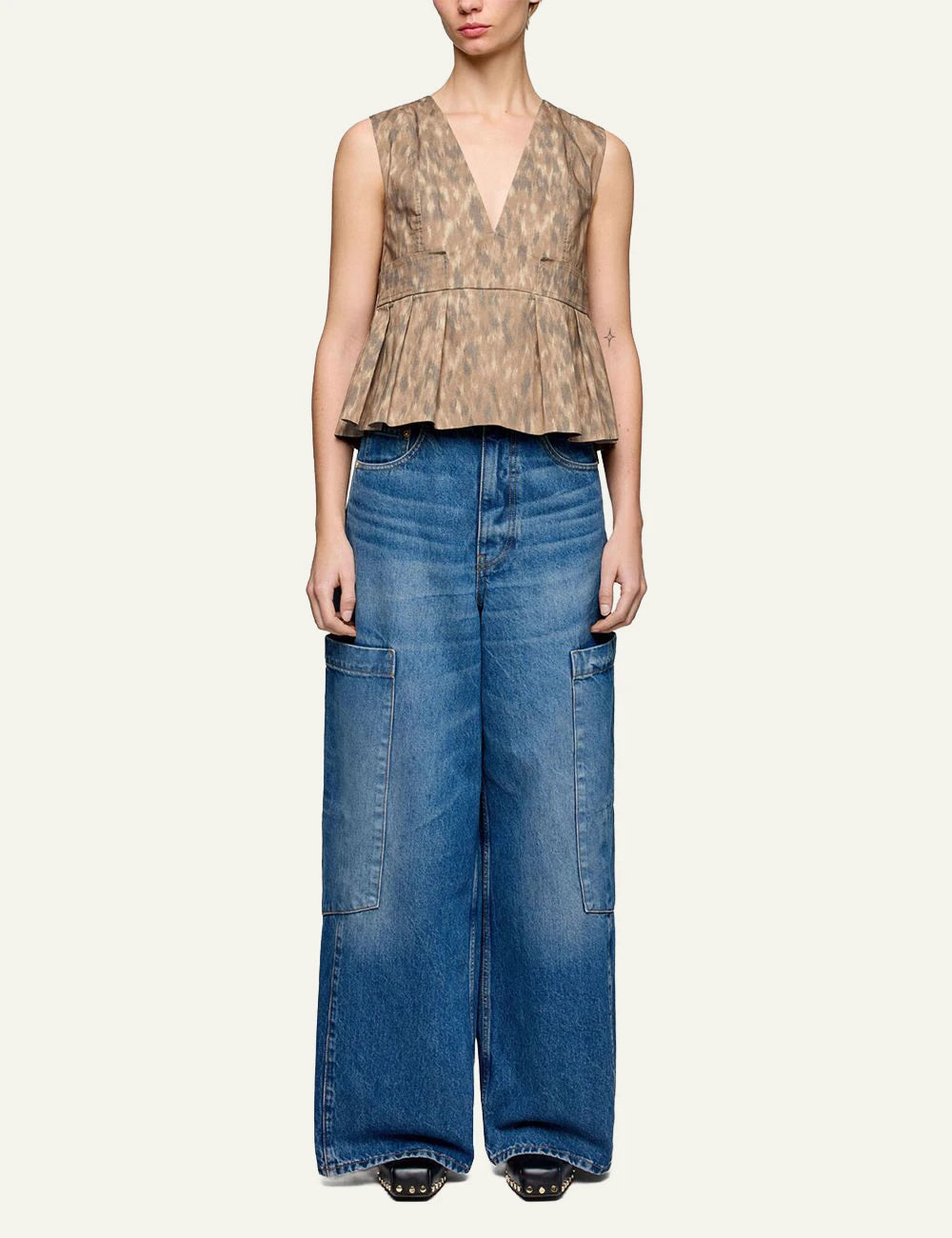 Ganni sleeveless top animal print with pleated hem front full body view