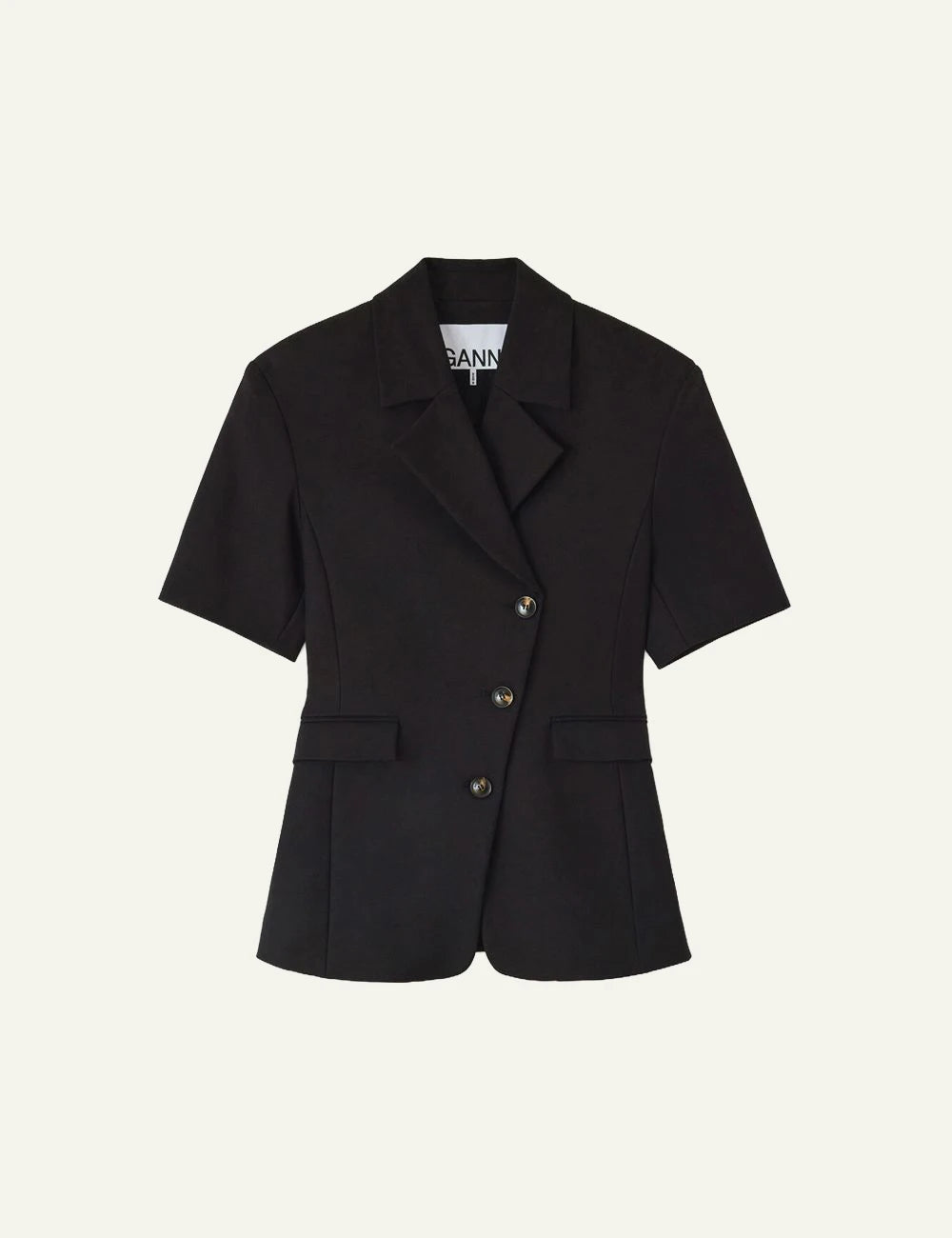 Ganni black short sleeve tailored blazer front view