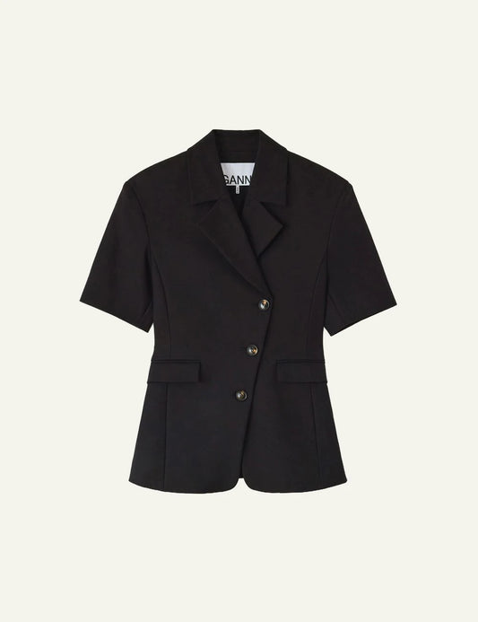 Ganni black short sleeve tailored blazer front view