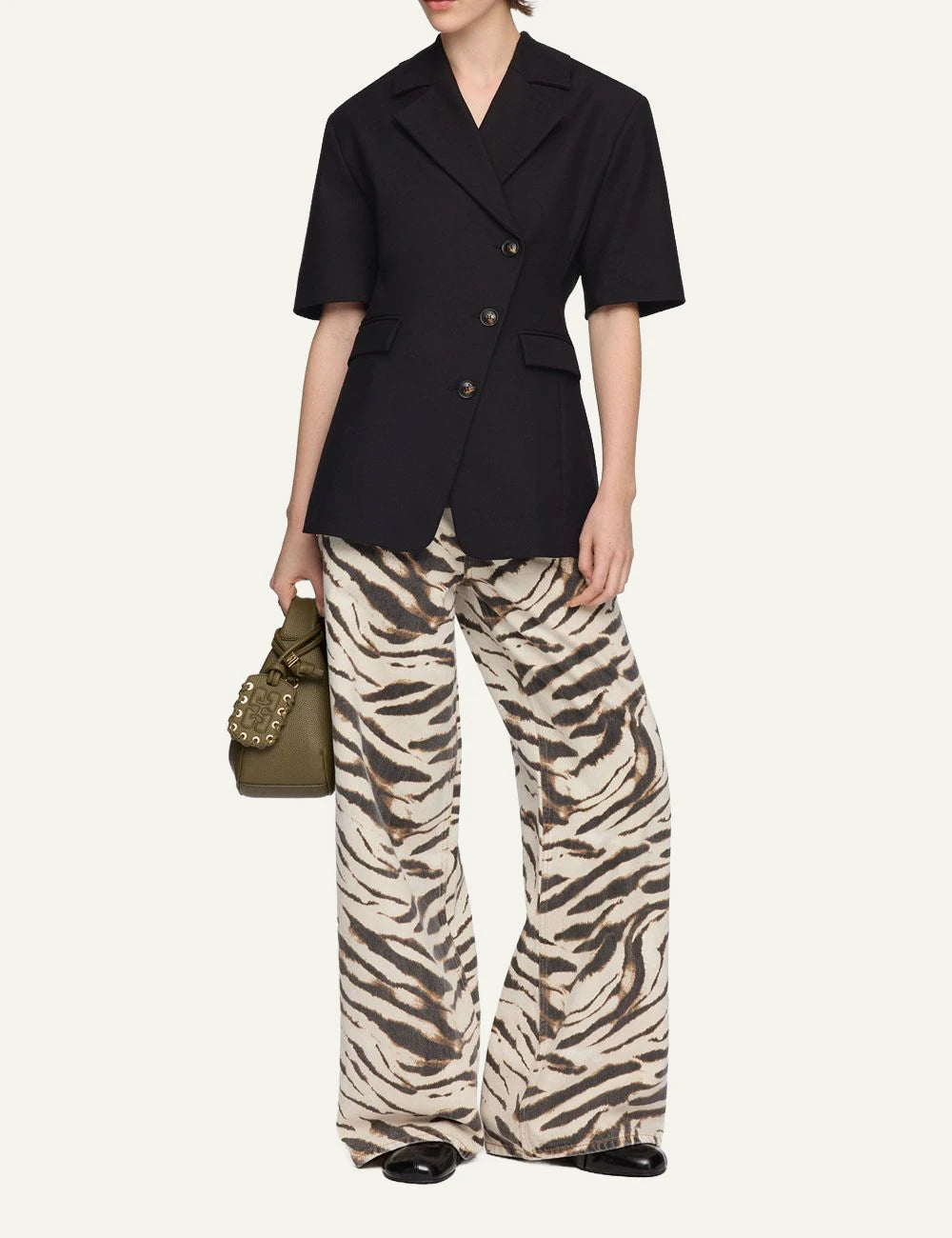 Ganni black short sleeve tailored blazer front full body view