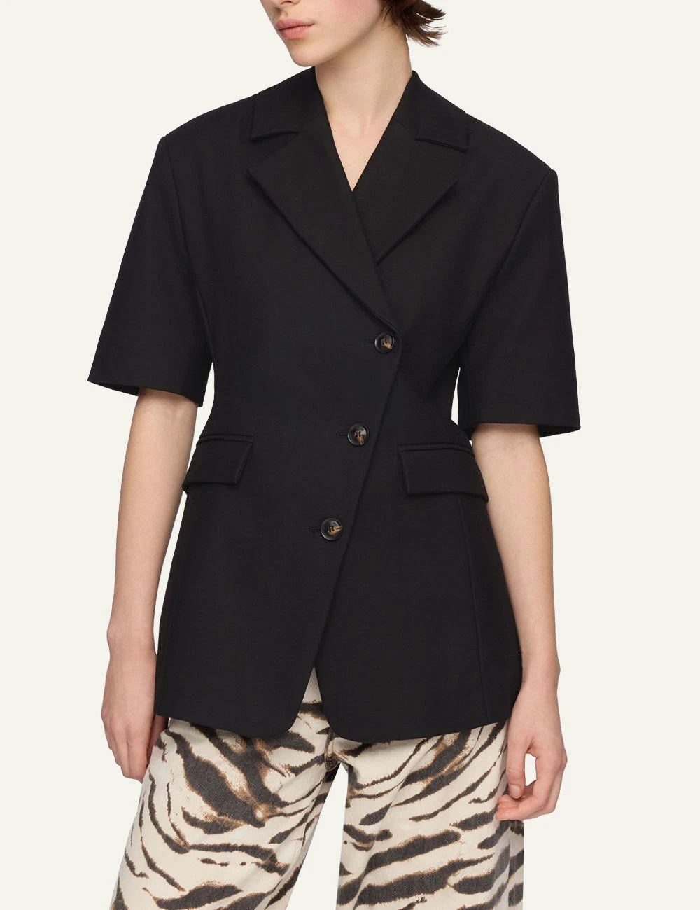 Ganni black short sleeve tailored blazer front model view