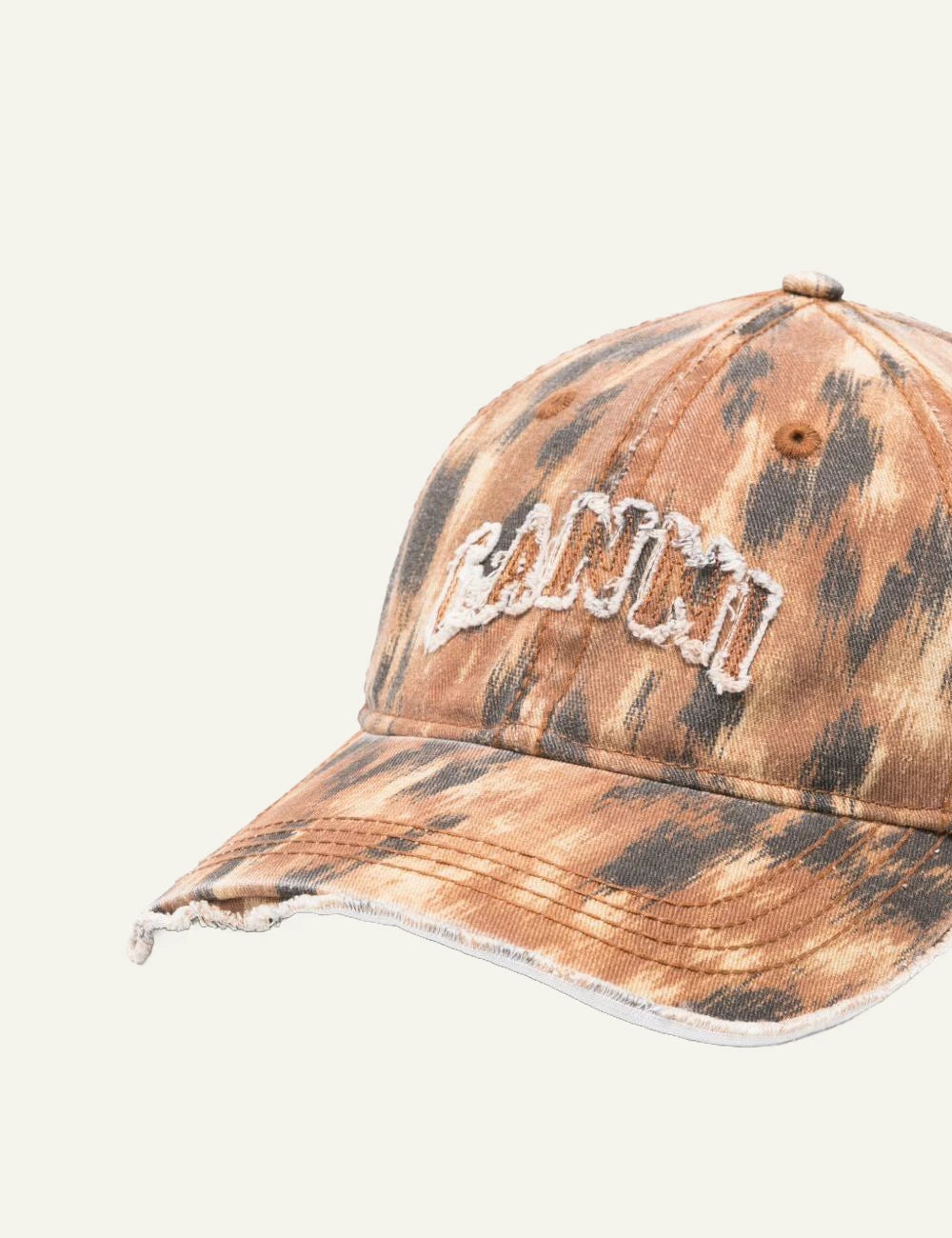 Ganni washed canvas cap argan oil brown tie dye logo front detail view