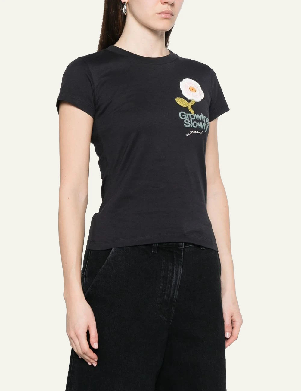 Ganni baby fit t-shirt black crochet flower patch growing slowly side